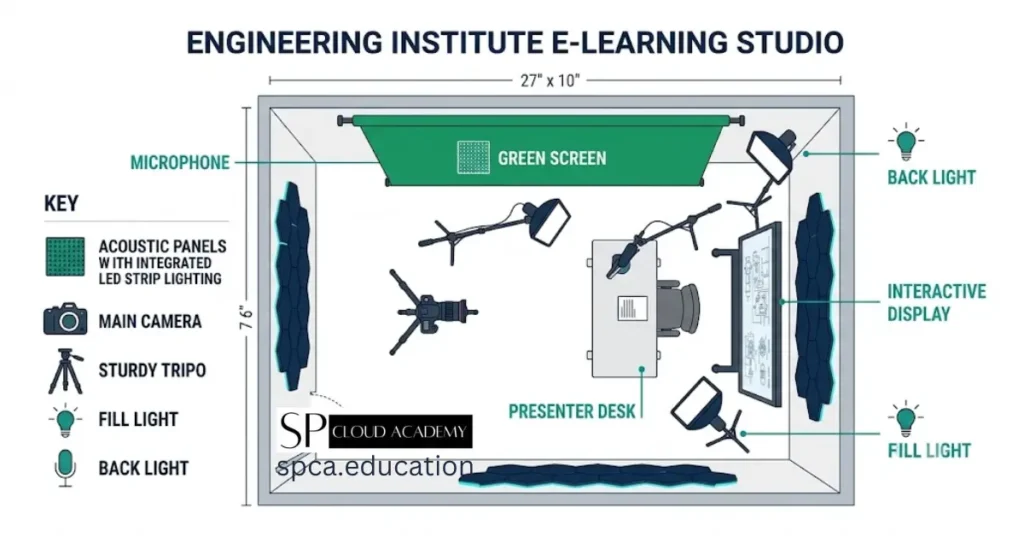Floor plan diagram of an e-learning studio layout showing camera, lighting, and desk placement for engineering institutes