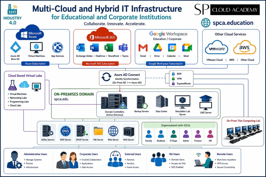 Multi-Cloud and Hybrid IT Infrastructure architecture diagram for educational and corporate institutions, illustrating Microsoft Azure, Microsoft 365, Google Workspace, AWS, VMware Cloud, Active Directory, Azure AD Connect, cloud-based virtual labs, on-premises data center, servers, organizational units, remote users, and secure hybrid cloud connectivity with SP Cloud Academy branding.