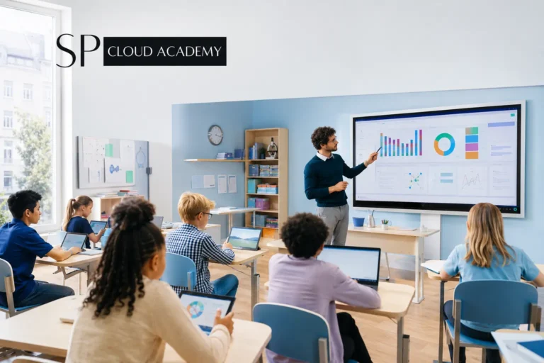 Teacher using an interactive smart board while students engage with tablets in a modern blended-learning classroom