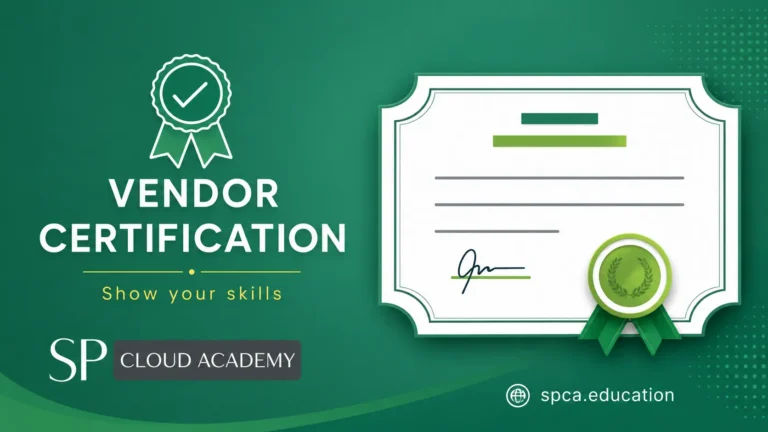 Professional Vendor Certification banner with digital certificate illustration and SP Cloud Academy branding for industry-recognized IT certification courses.