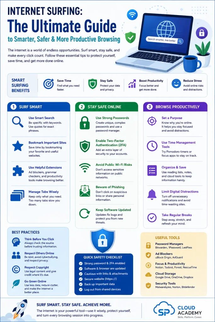 Professional infographic titled “Internet Surfing: The Ultimate Guide to Smarter, Safer & More Productive Browsing,” featuring a laptop and icons for Wi-Fi, security, privacy, productivity, and online safety. It presents practical tips on smart searching, strong passwords, two-factor authentication, phishing protection, secure Wi-Fi, productivity tools, digital distractions, best practices, and a quick safety checklist, with SP Cloud Academy branding at the bottom.