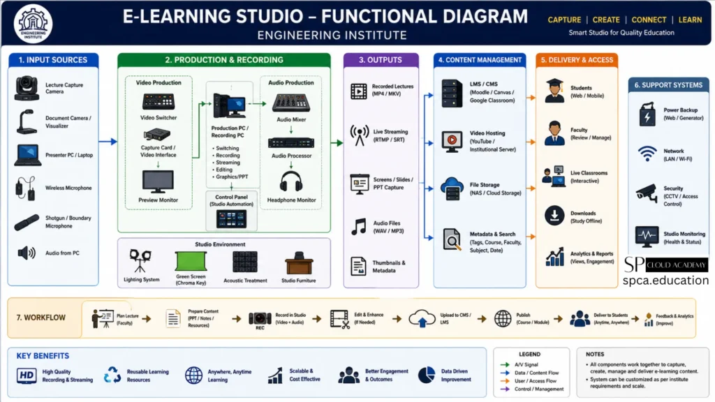 "Functional diagram of an E-Learning Studio showing the 6-step workflow: Input Sources, Production & Recording, Outputs, Content Management, Delivery & Access, and Support Systems."