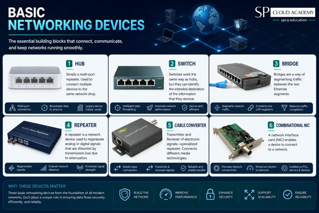 Modern infographic illustrating basic networking devices including Hub, Switch, Bridge, Repeater, Cable Converter, and Network Interface Card (NIC), explaining their functions in computer networks with a professional blue technology-themed design featuring SP Cloud Academy branding.