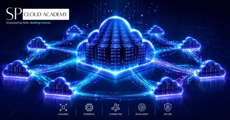 Illustration of cloud servers connected in a glowing network representing high-performance computing in the cloud