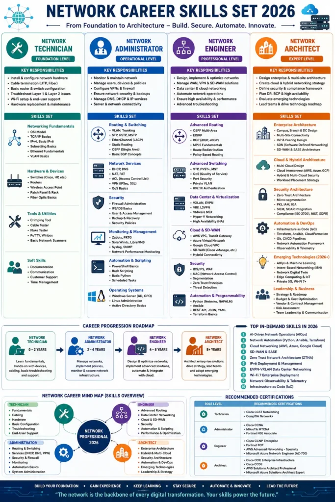A color-coded mind map infographic that visualizes the 2026 networking career path. It highlights the skills, responsibilities, certifications, and emerging technologies required for Network Technician, Network Administrator, Network Engineer, and Network Architect roles, including routing and switching, cybersecurity, cloud networking, SD-WAN, network automation, AI-driven operations, and enterprise architecture.