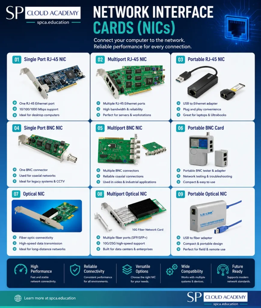 Professional Network Interface Card (NIC) infographic featuring single-port RJ-45 NIC, multiport RJ-45 NIC, portable USB-to-Ethernet adapter, single-port BNC NIC, multiport BNC NIC, portable BNC card, optical NIC, multiport fiber optic NIC, and portable optical NIC with SP Cloud Academy branding. Modern educational infographic illustrating Ethernet, coaxial, and fiber optic network adapters for desktop computers, servers, workstations, data centers, and enterprise networking