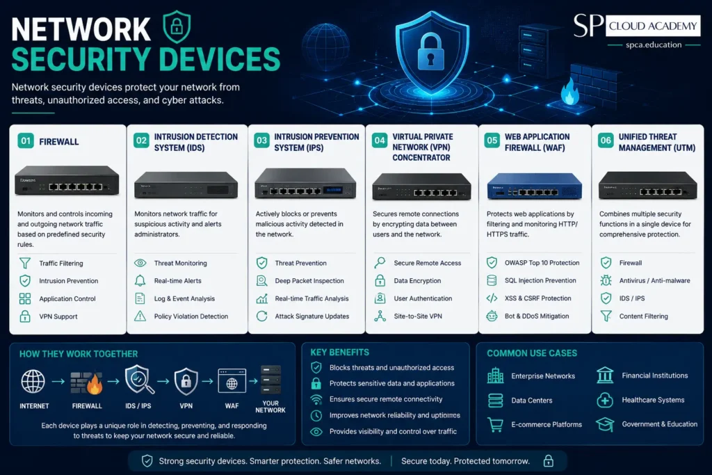 Professional infographic illustrating network security devices, including Firewall, Intrusion Detection System (IDS), Intrusion Prevention System (IPS), VPN Concentrator, Web Application Firewall (WAF), and Unified Threat Management (UTM), with a modern blue cybersecurity-themed design, security workflow, key benefits, enterprise use cases, and SP Cloud Academy branding.