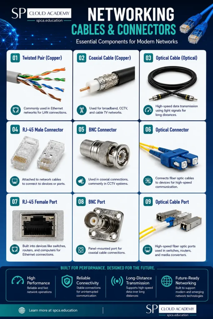 Professional networking cables and connectors infographic featuring twisted pair copper cable, coaxial cable, fiber optic cable, RJ-45 male connector, RJ-45 female port, BNC connector, BNC port, optical connector, and optical cable port with SP Cloud Academy branding, illustrating essential computer networking hardware for Ethernet, LAN, fiber optic communication, and modern network infrastructure.