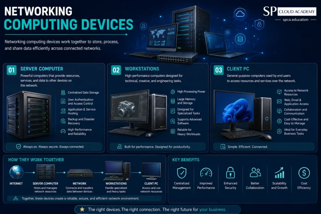 Professional infographic illustrating networking computing devices, including a Server Computer, Workstations, and Client PC, showing how they work together in a modern enterprise network. Features a blue technology-themed design with network connectivity, workflow diagram, key benefits, and SP Cloud Academy branding
