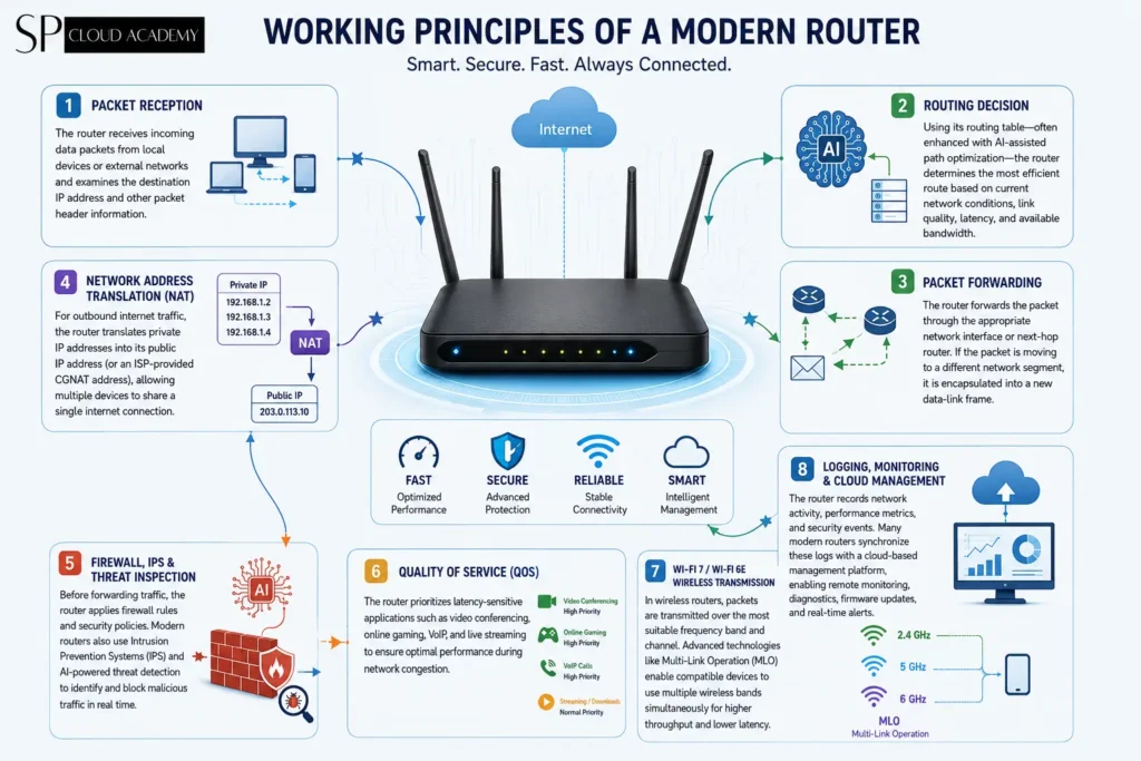Working Principles of a Modern Router infographic showing packet reception, AI-assisted routing decisions, packet forwarding, NAT, firewall and IPS security, Quality of Service (QoS), Wi-Fi 7/Wi-Fi 6E wireless transmission, cloud management, and SP Cloud Academy branding.