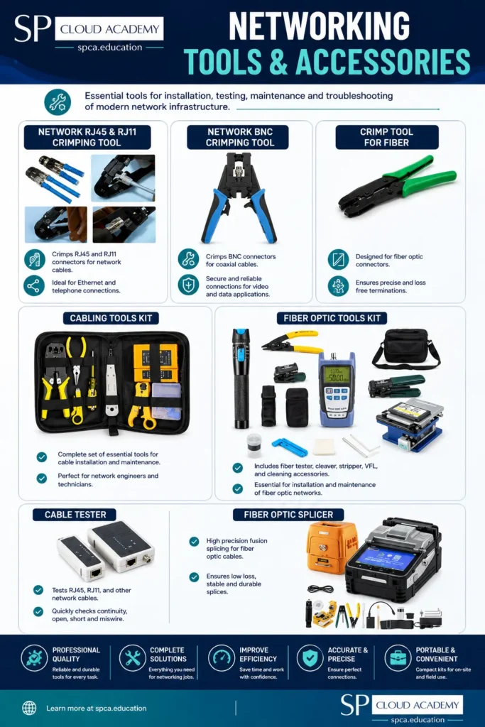 Professional networking tools and accessories infographic featuring RJ45/RJ11 crimping tool, BNC crimping tool, fiber optic crimp tool, network cabling toolkit, fiber optic toolkit, cable tester, and fiber optic fusion splicer with SP Cloud Academy branding. Modern educational infographic illustrating essential computer networking installation, cable testing, fiber optic termination, troubleshooting, and network maintenance equipment.