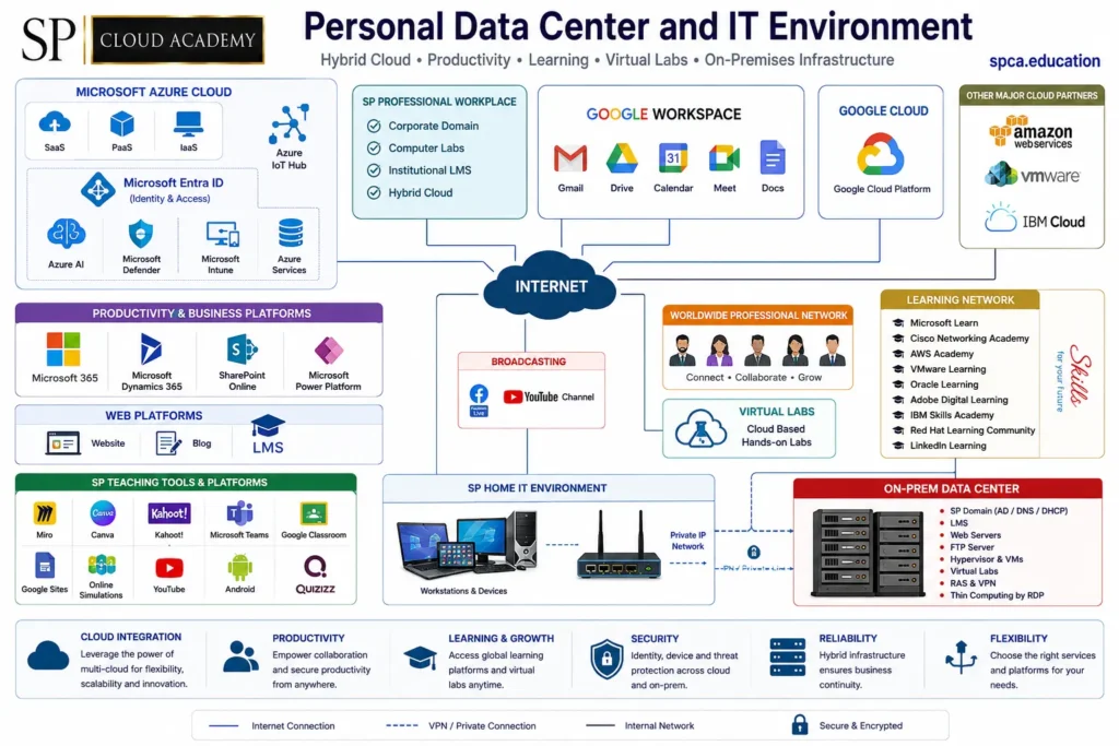 Personal data center and IT environment architecture diagram showing a hybrid cloud ecosystem with Microsoft Azure, Microsoft Entra ID, Google Workspace, Google Cloud, AWS, VMware, IBM Cloud, Microsoft 365, virtual labs, learning platforms, home IT infrastructure, and an on-premises data center connected through secure internet and private network links.