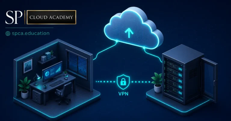 Isometric illustration of a home IT workstation securely connected through a VPN to an on-premises data center and the public cloud.