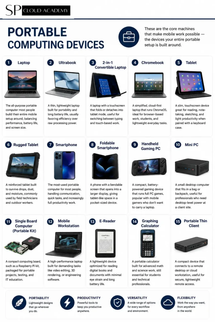 SP Cloud Academy infographic illustrating 15 portable computing devices, including laptops, tablets, smartphones, mobile workstations, mini PCs, Chromebooks, handheld gaming PCs, e-readers, and other portable computing technologies for education and professional use.