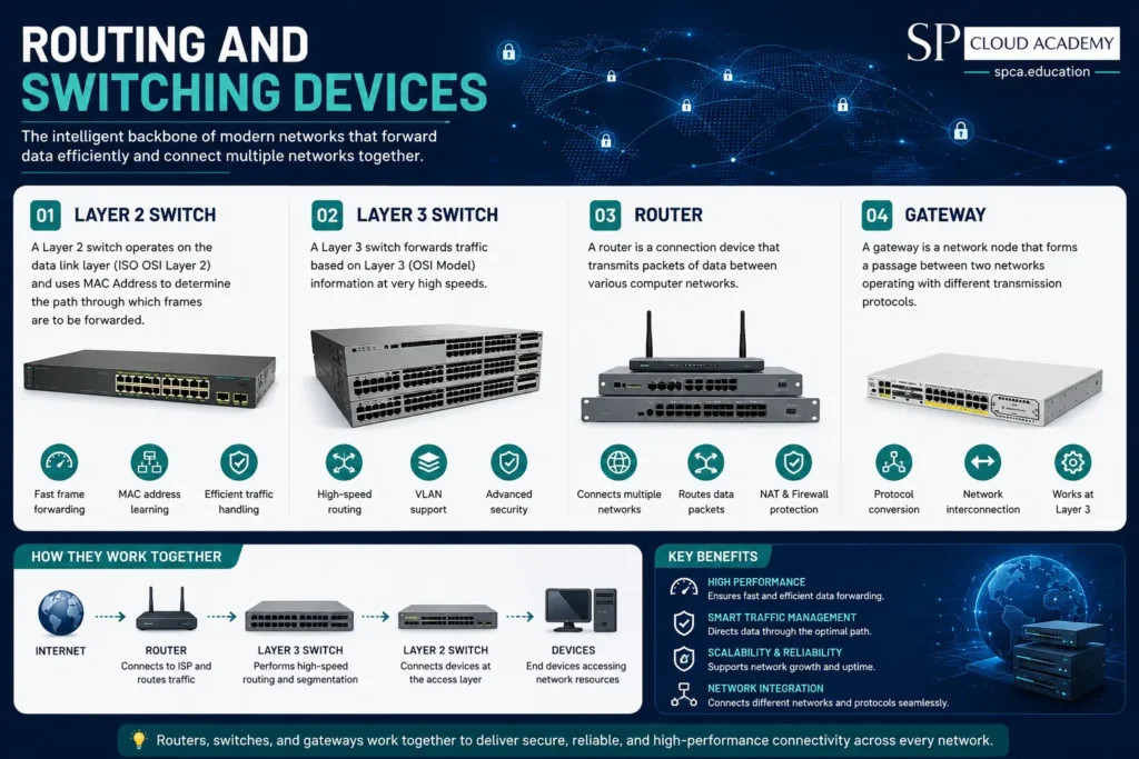 Professional infographic explaining routing and switching devices in computer networking, featuring Layer 2 Switch, Layer 3 Switch, Router, and Gateway with modern blue technology-themed design, network workflow diagram, key benefits, and SP Cloud Academy branding.