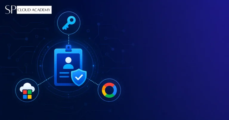 Illustration comparing SSO, Microsoft Entra ID, and Google Identity as connected cloud identity and access management icons on a blue gradient background