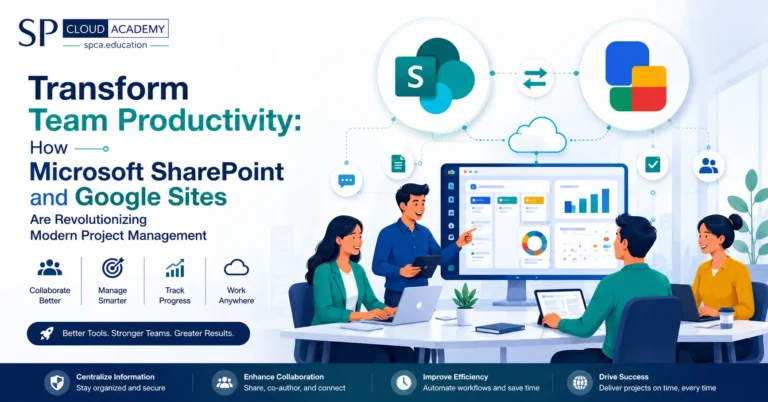 Microsoft SharePoint and Google Sites for project management and workplace collaboration with cloud productivity tools.