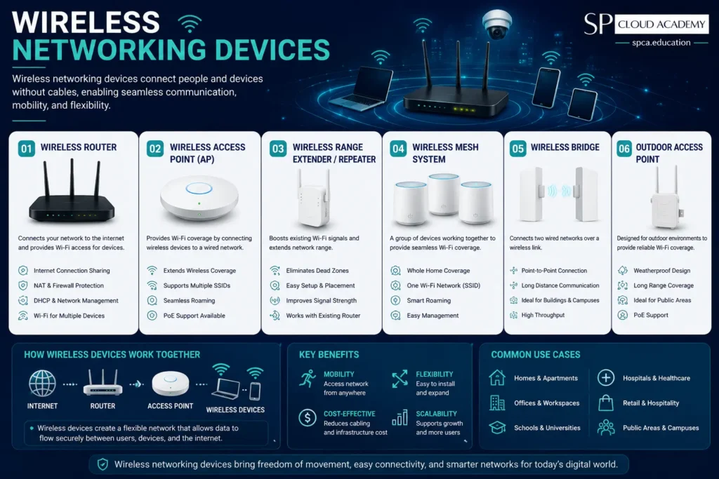 Professional infographic showcasing wireless networking devices, including Wireless Router, Wireless Access Point (AP), Wi-Fi Range Extender/Repeater, Mesh Wi-Fi System, Wireless Bridge, and Outdoor Access Point, with a modern blue technology-themed design, connectivity workflow, key benefits, common use cases, and SP Cloud Academy branding