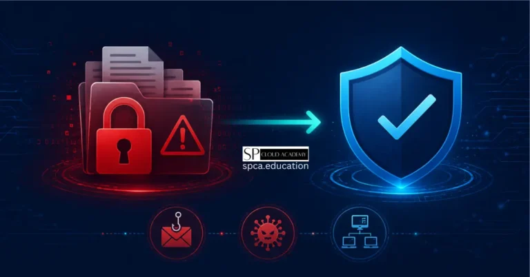 Illustration of a ransomware attack showing an encrypted computer screen with a warning padlock beside a protective shield, representing the ransomware attack lifecycle and cybersecurity protection strategies.