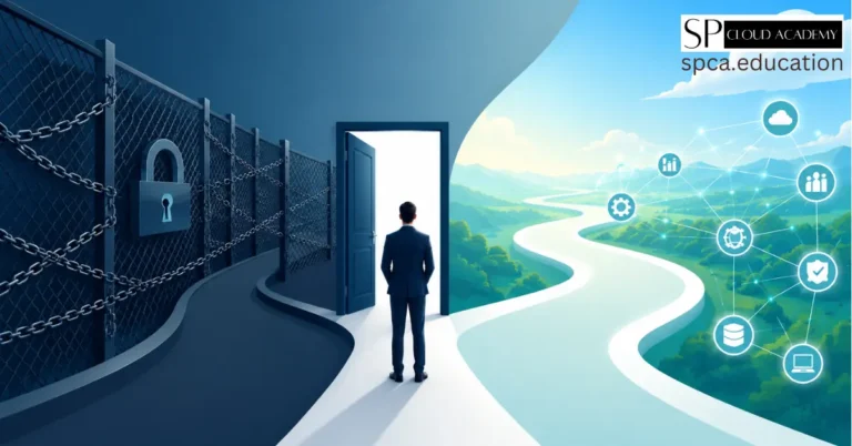 Illustration comparing vendor lock-in as a narrow locked path versus business freedom as an open, flexible horizon for tech decision making.