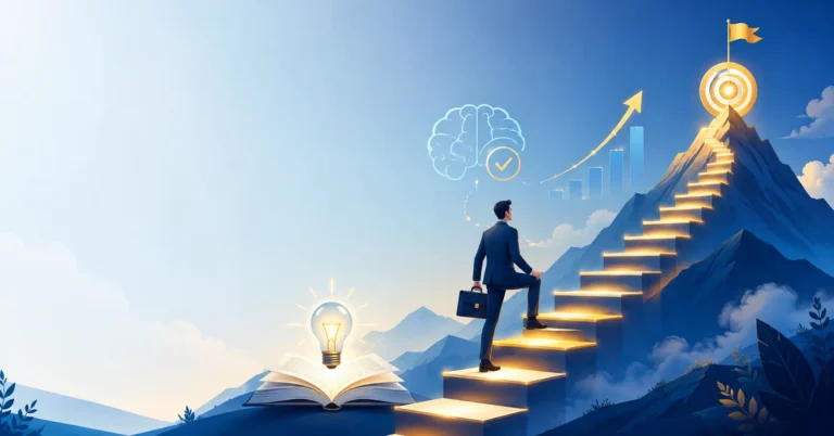 Illustration of a professional climbing stairs toward a mountain summit with a target, symbolizing the learn, unlearn, relearn career growth formula
