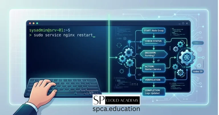 Split illustration comparing a sysadmin typing a manual terminal command on the left with an automated scripting workflow of connected gears and flowchart blocks on the right, representing commands vs scripting in systems administration.