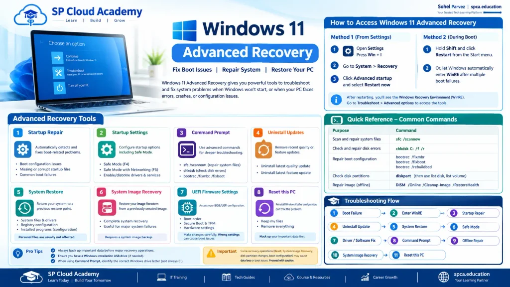 Professional Windows 11 Advanced Recovery infographic branded with SP Cloud Academy, showing WinRE access methods, Startup Repair, Safe Mode, Command Prompt, Uninstall Updates, System Restore, System Image Recovery, UEFI Firmware Settings, Reset this PC, common recovery commands, and a step-by-step troubleshooting flow.