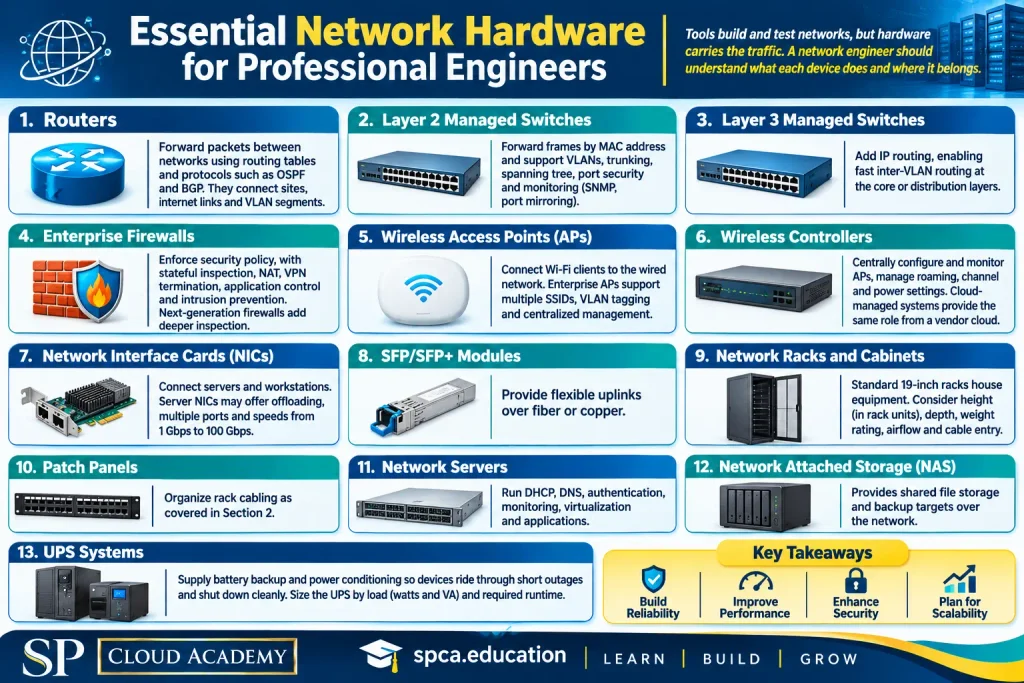 Essential Network Hardware for Professional Engineers infographic illustrating 13 key networking components: routers, Layer 2 managed switches, Layer 3 managed switches, enterprise firewalls, wireless access points, wireless controllers, network interface cards (NICs), SFP/SFP+ modules, network racks and cabinets, patch panels, network servers, Network Attached Storage (NAS), and UPS systems. Includes hardware images, functions, and practical applications, highlighting network reliability, performance, security, and scalability. Professionally branded with SP Cloud Academy (spca.education) logo and LEARN | BUILD | GROW tagline.