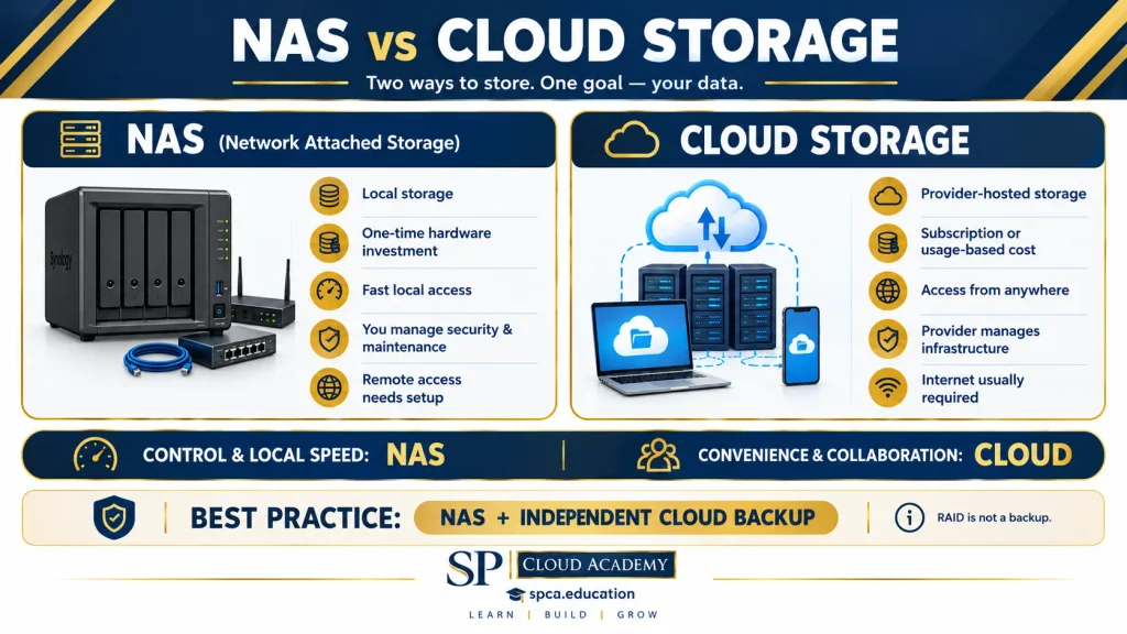 The professional NAS vs Cloud Storage infographic using your SP Cloud Academy branding, navy blue and gold color palette, and the spca.education website identity.