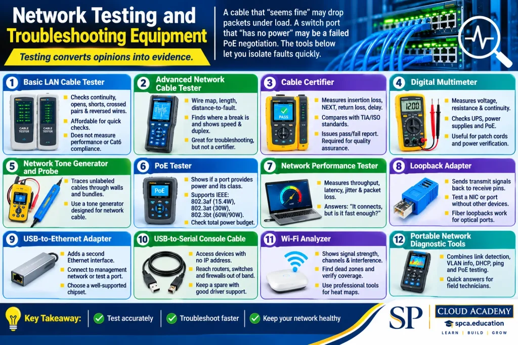 A professional SP Cloud Academy infographic titled “Network Testing and Troubleshooting Equipment,” featuring 12 essential networking tools: Basic LAN Cable Tester, Advanced Network Cable Tester, Cable Certifier, Digital Multimeter, Network Tone Generator and Probe, PoE Tester, Network Performance Tester, Loopback Adapter, USB-to-Ethernet Adapter, USB-to-Serial Console Cable, Wi-Fi Analyzer, and Portable Network Diagnostic Tools. Each tool is illustrated with its key functions and practical applications for network testing, fault detection, cable certification, connectivity verification, and performance troubleshooting. Designed with a modern blue, white, and gold corporate theme, featuring SP Cloud Academy branding and the tagline “Learn | Build | Grow.