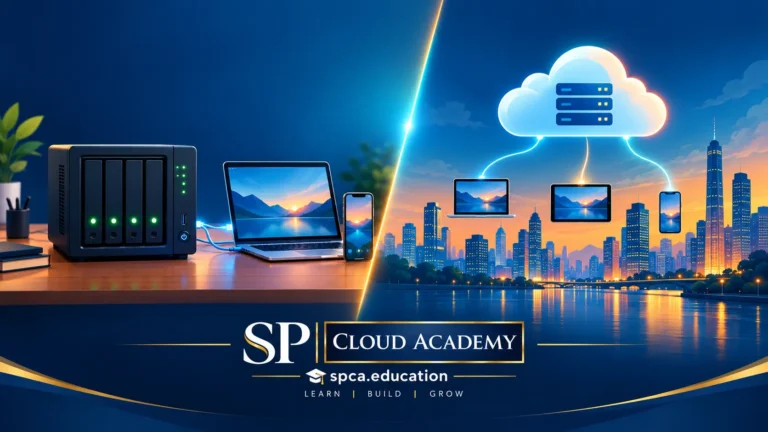 NAS vs. Cloud Storage infographic featuring SP Cloud Academy branding.